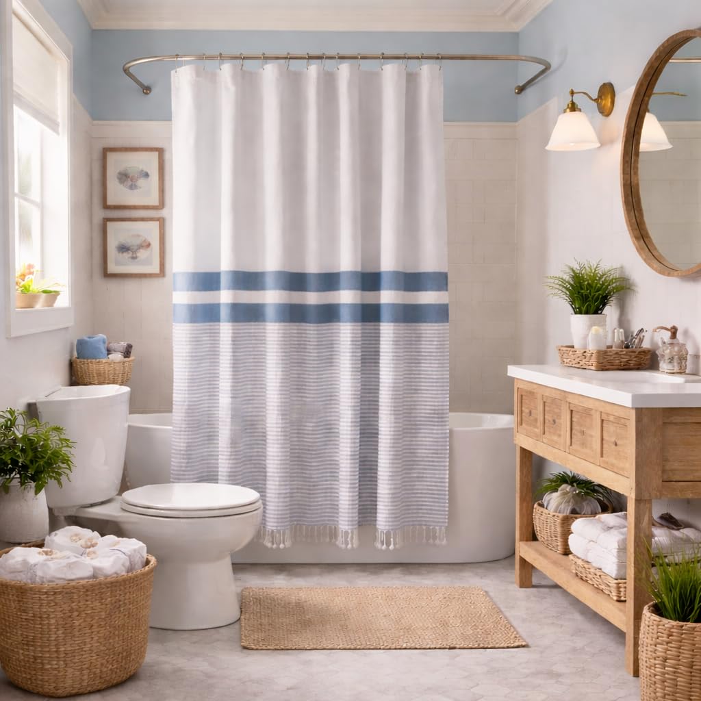 Serafina Home Nautical Striped Blue and White Fabric Shower Curtain:
