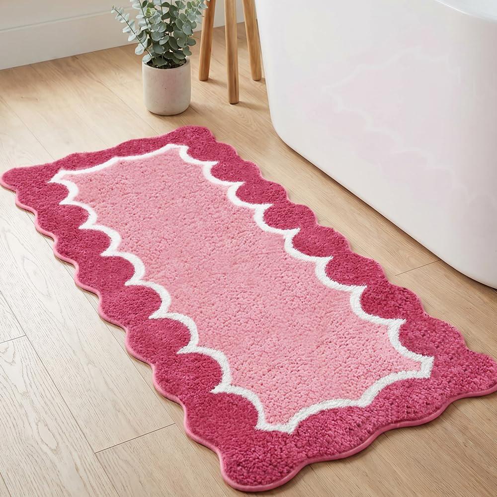 Cute Scalloped Rose Pink Bathroom Rugs Mat,Non Slip Absorbent Quick Dry Bath Mats for Shower Room,Microfiber Bath Mats for Bathroom Floor Washable Carpet for Shower Tub Sink Bedroom,20"x32"