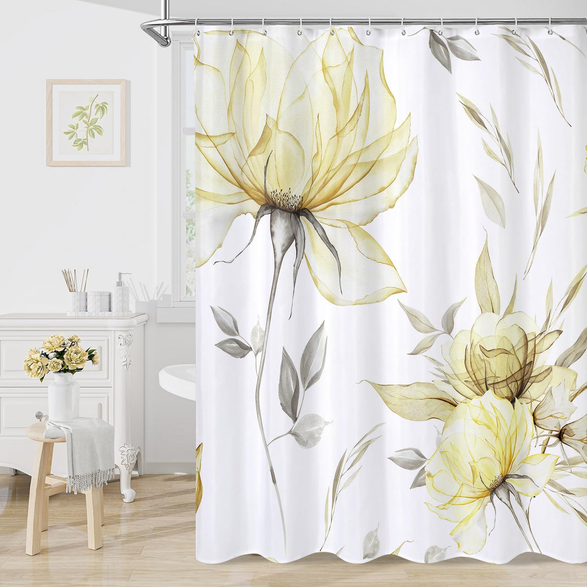 Blue Boho Floral Shower Curtain, Watercolor Botanical Design, 72 x 72