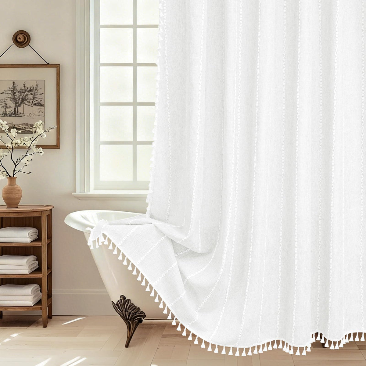 Seenus Boho Farmhouse Linen Shower Curtain with Tassels, Tan Brown Heavyweight Soft Fabric Shower Curtain Striped, 72 x 72 Inch Taupe Water Repellent Rustic Country Bathroom Curtain Wrinkle-Free