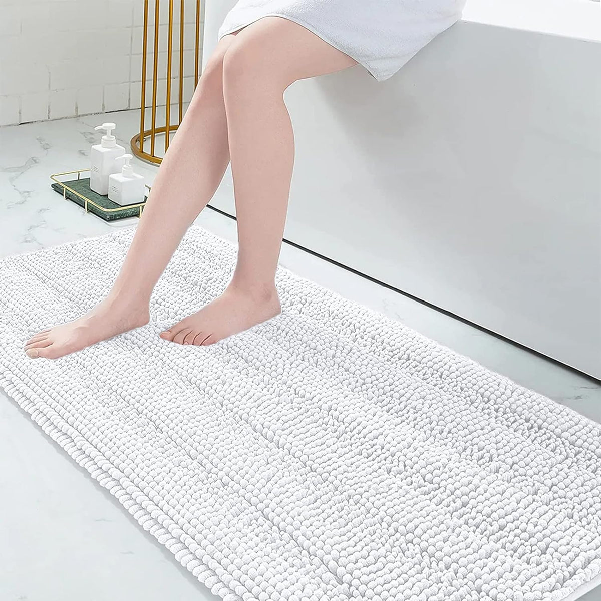 Grandaily Chenille Striped Bathroom Rugs 36x24, Extra Thick and Absorbent Bath Mats, Non-Slip Soft Plush Shaggy Shower Carpet, Machine Wash Dry, Bath Rug for Bathroom, (Large, Light Grey)