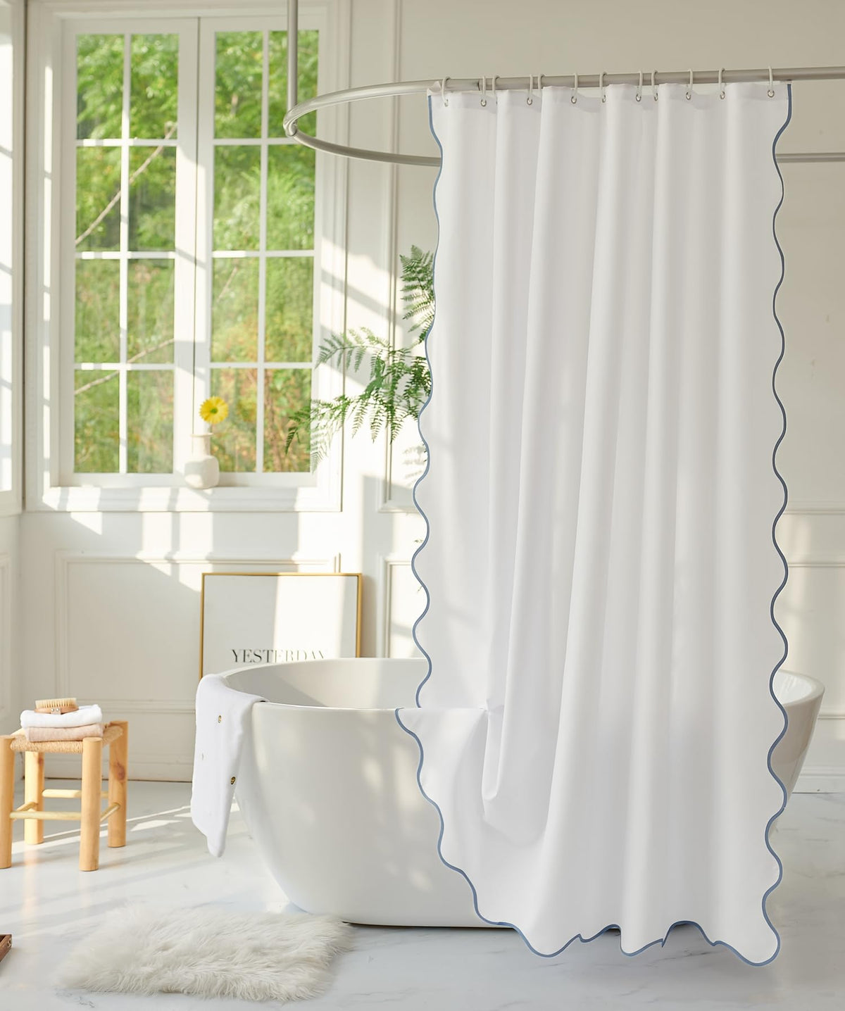 White Fabric with Water Blue Scalloped Border Shower Curtain,Boho Chic Cloth Shower Curtain for Bathroom Showers,72 x 72 Inches