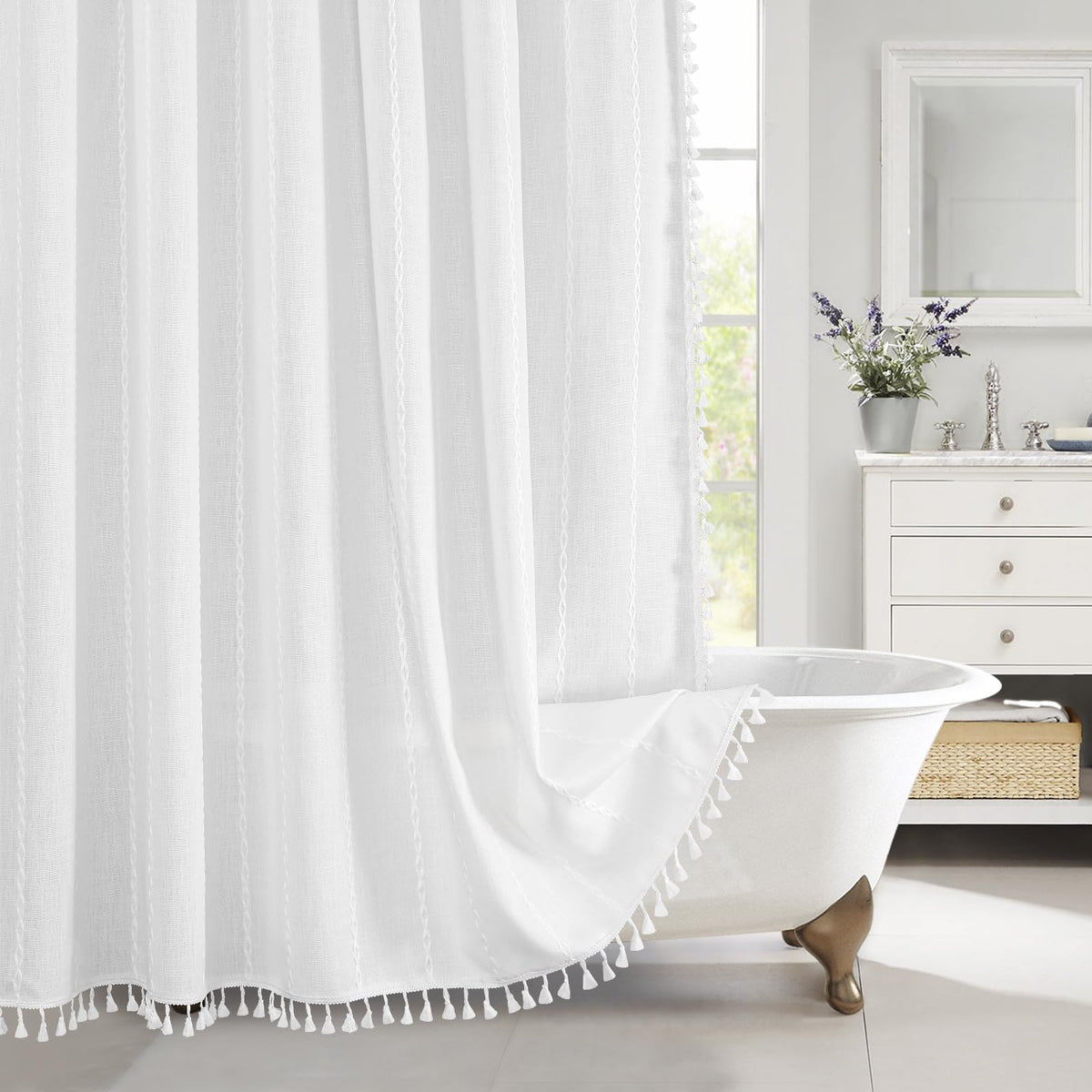 Boho Farmhouse Tassel Linen Shower Curtain,3D Embroidery Stripe Black,72x72