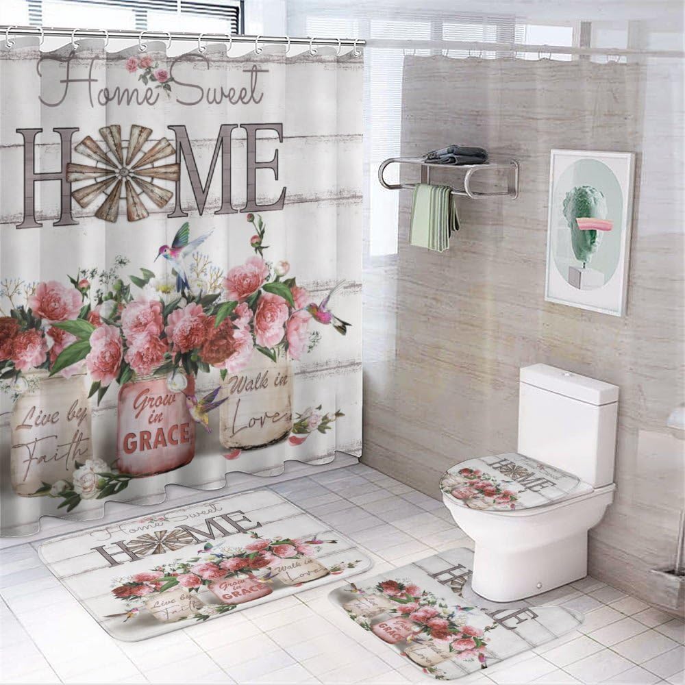 Tijuboni Farmhouse Shower Curtain Cotton Flowers Shower Curtains for Neutral Country Bathroom Decor Rustic Shower Curtain Set Waterproof Polyester Fabric 60 x 72 Inch