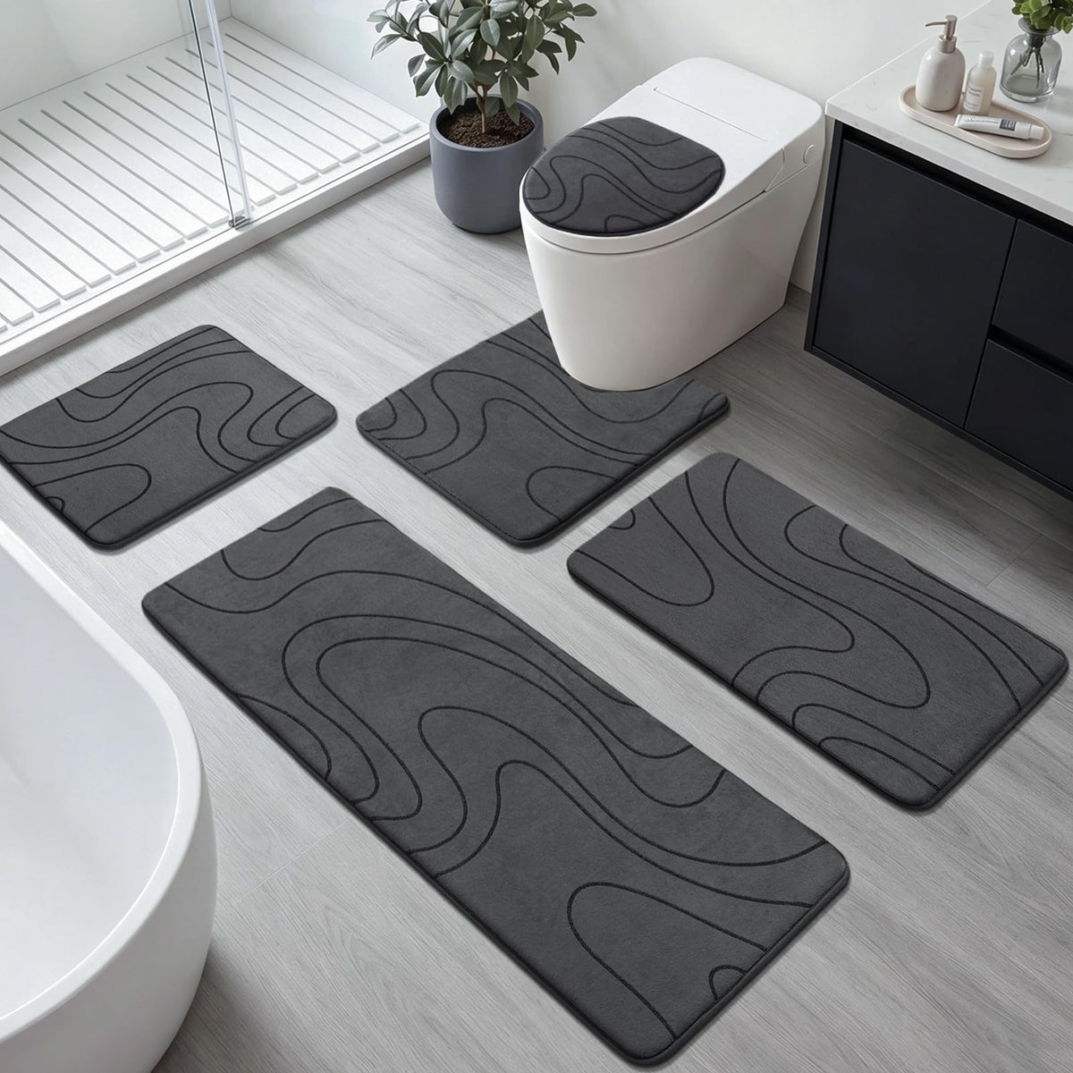 YIHOUSE Bathroom Rugs Sets 5 Piece - Memory Foam Bath Mat, Dark Grey