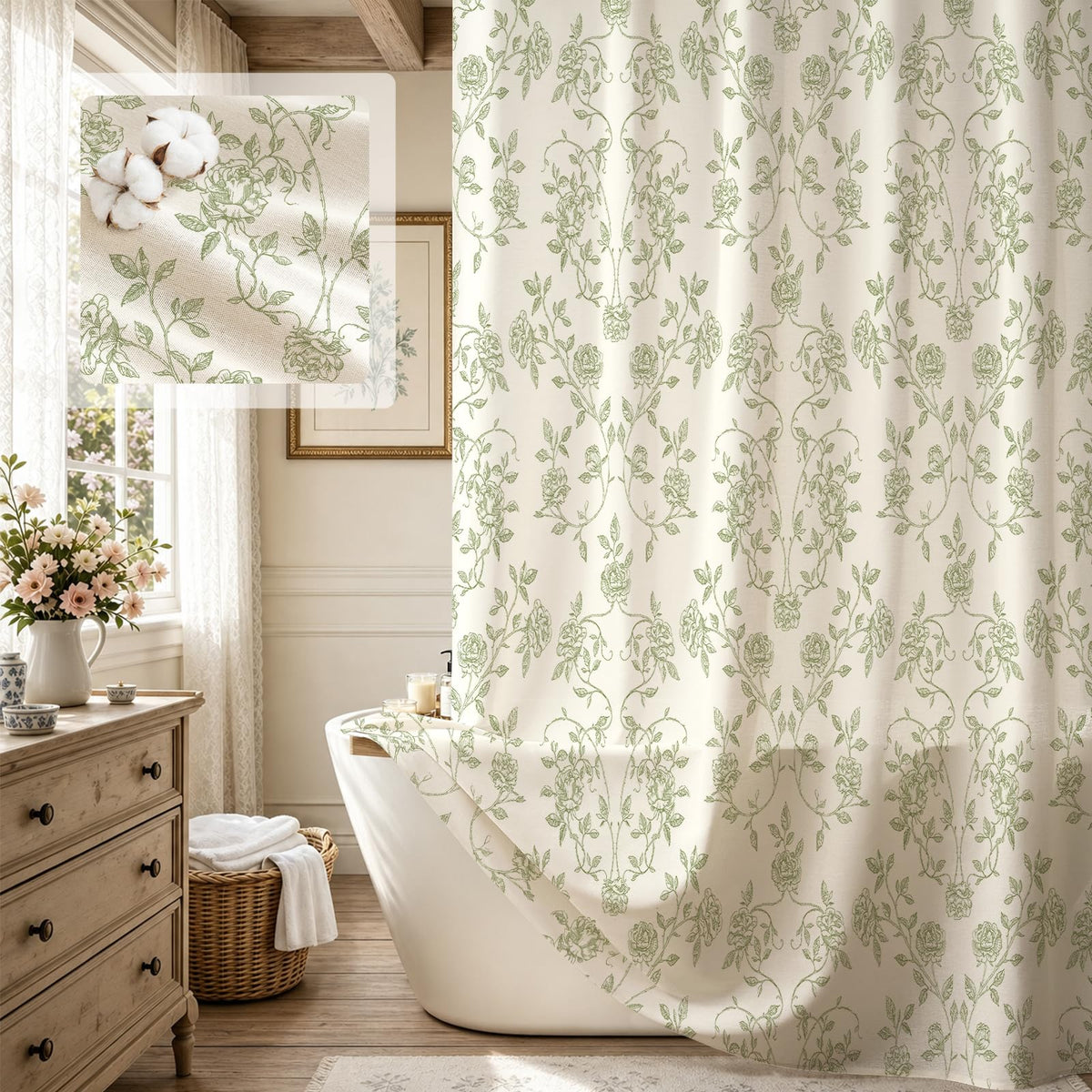 MitoVilla Vintage Farmhouse Blue Floral Poly-Cotton Shower Curtain, 72x72