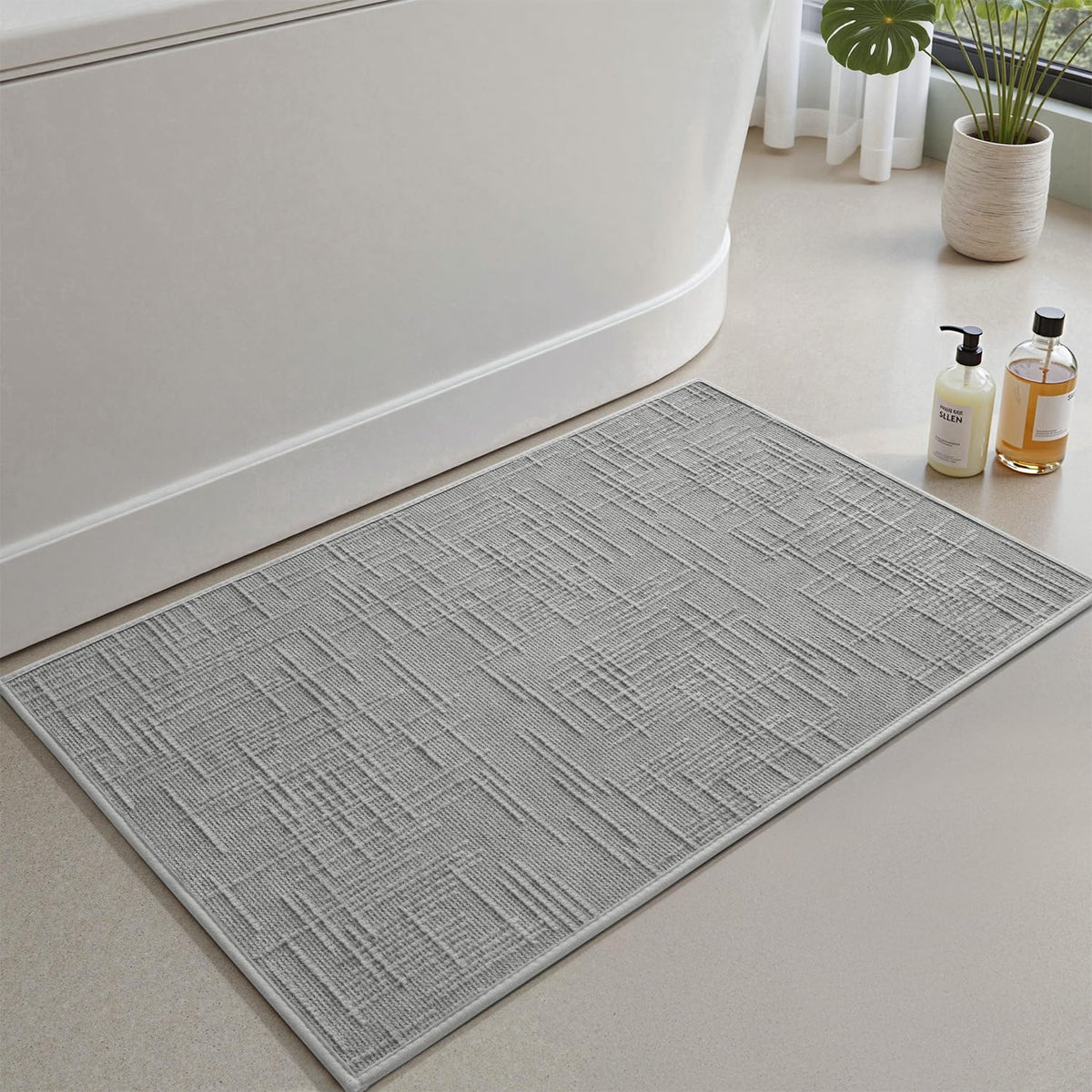 AMOAMI Bath Mat Non Slip Super Absorbent Quick Dry Bath Mats for Bathroom Floor Rubber Backing Washable Bathroom Rugs Modern Woven Jacquard Mat, Beside Tub Bath Rugs, 17" x 24", Brown