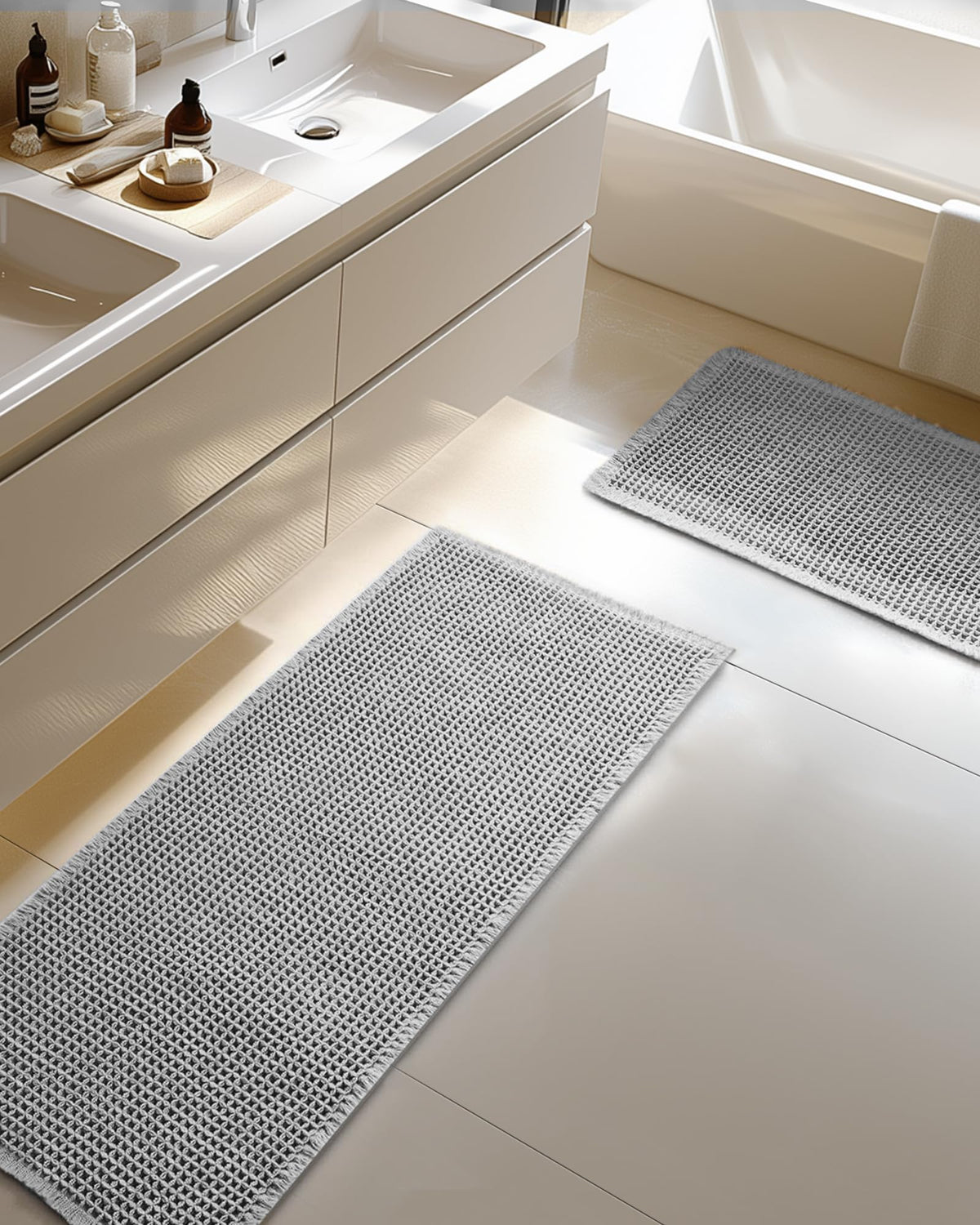 Large Waffle Bath Mat Set Non Slip, Ultra Absorbent Bath Mats for Christmas Bathroom Decor, Extra Soft Floor Bathroom Rugs Sets 2 Piece, Washable Bath Rugs Set, Green & White, 20"×47" and 16"×24"