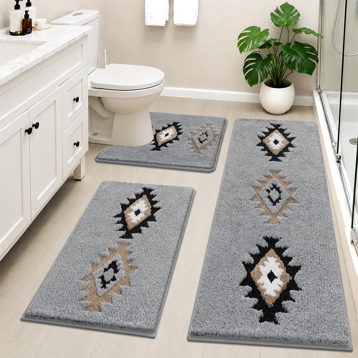 HEBE Boho Bathroom Rugs Set 3 Piece, Non Slip Washable Bath Mat Set
