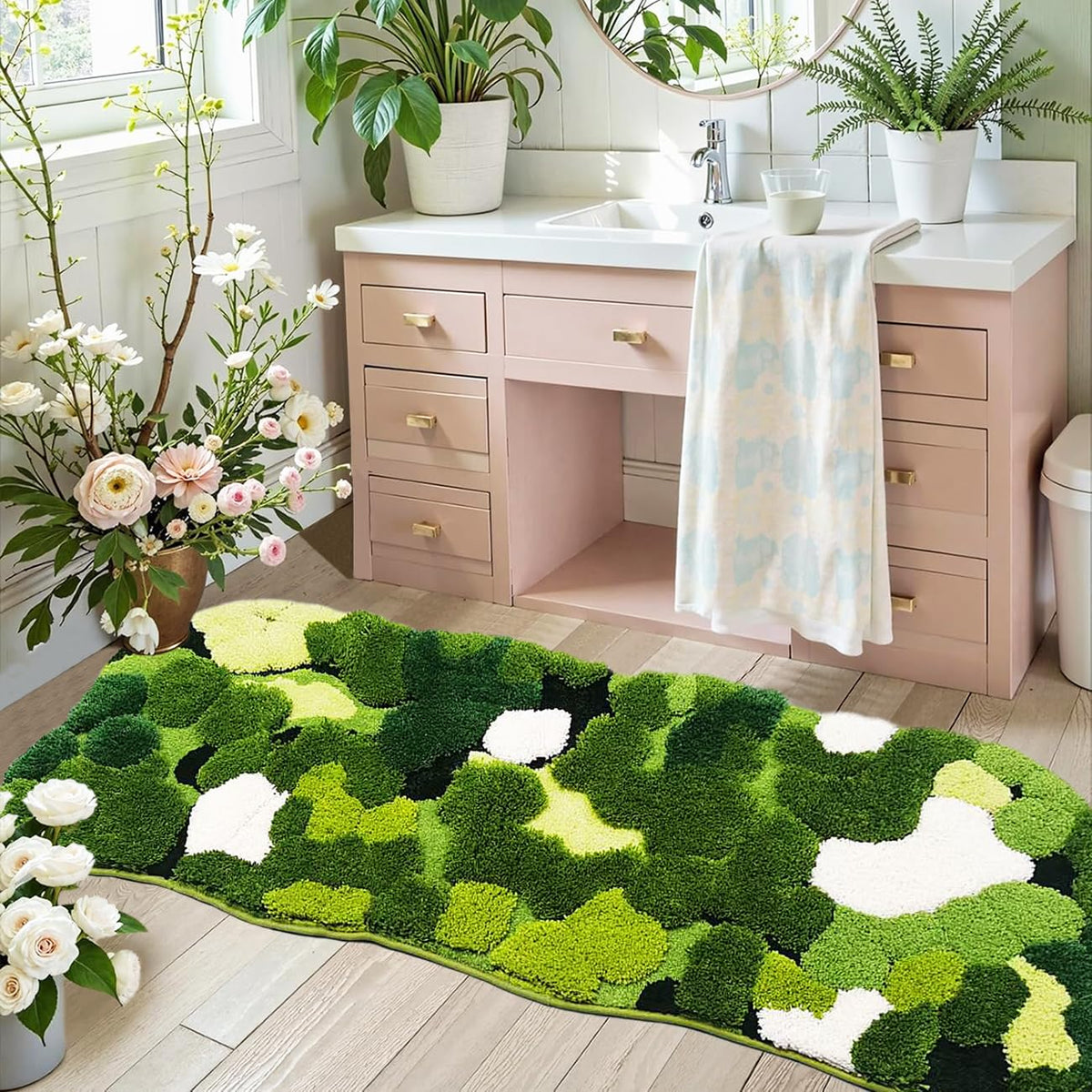 Hifuwan Cute Green Moss Bathroom Runner Rugs, Plant Leaf Bath Mats 20 x 43