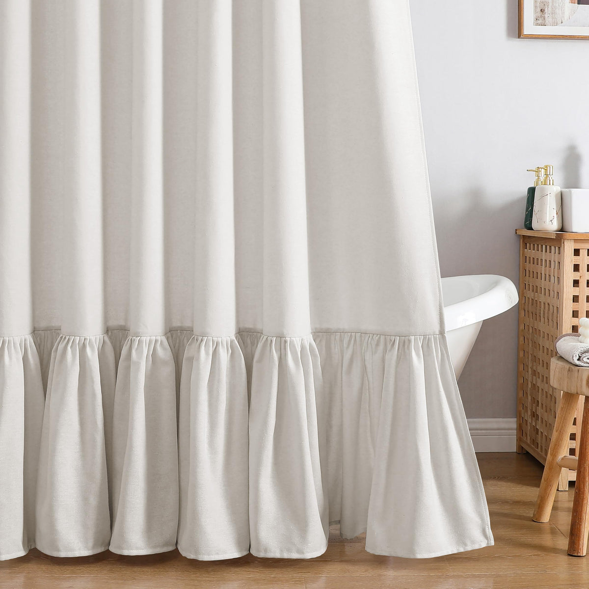 QiyI Boho Ruffle Shower Curtain, Linen Blend Fabric, Natural, 72 x 72