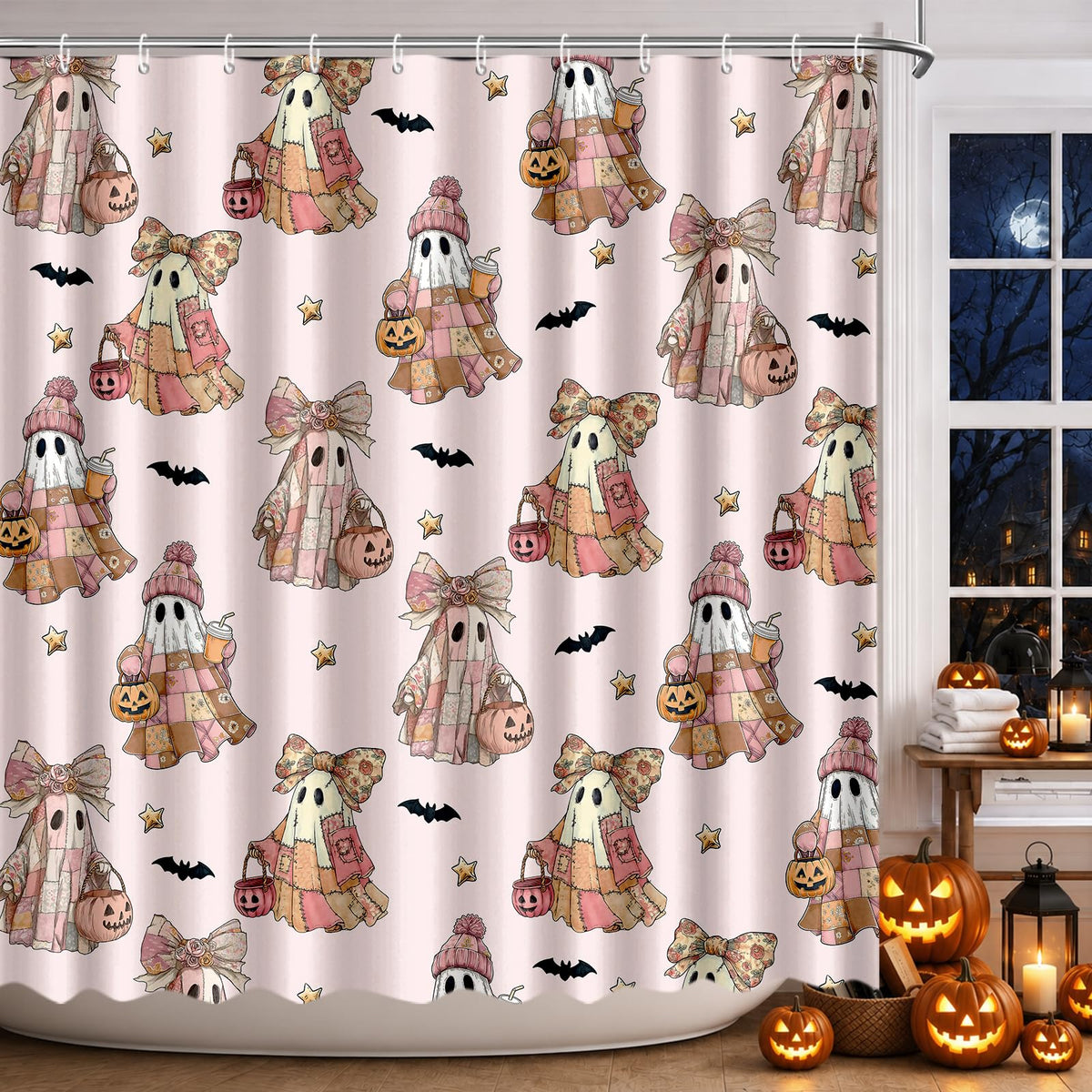 MEHOFOND Halloween Evil Pumpkin Shower Curtain Moon Night Bath Curtain