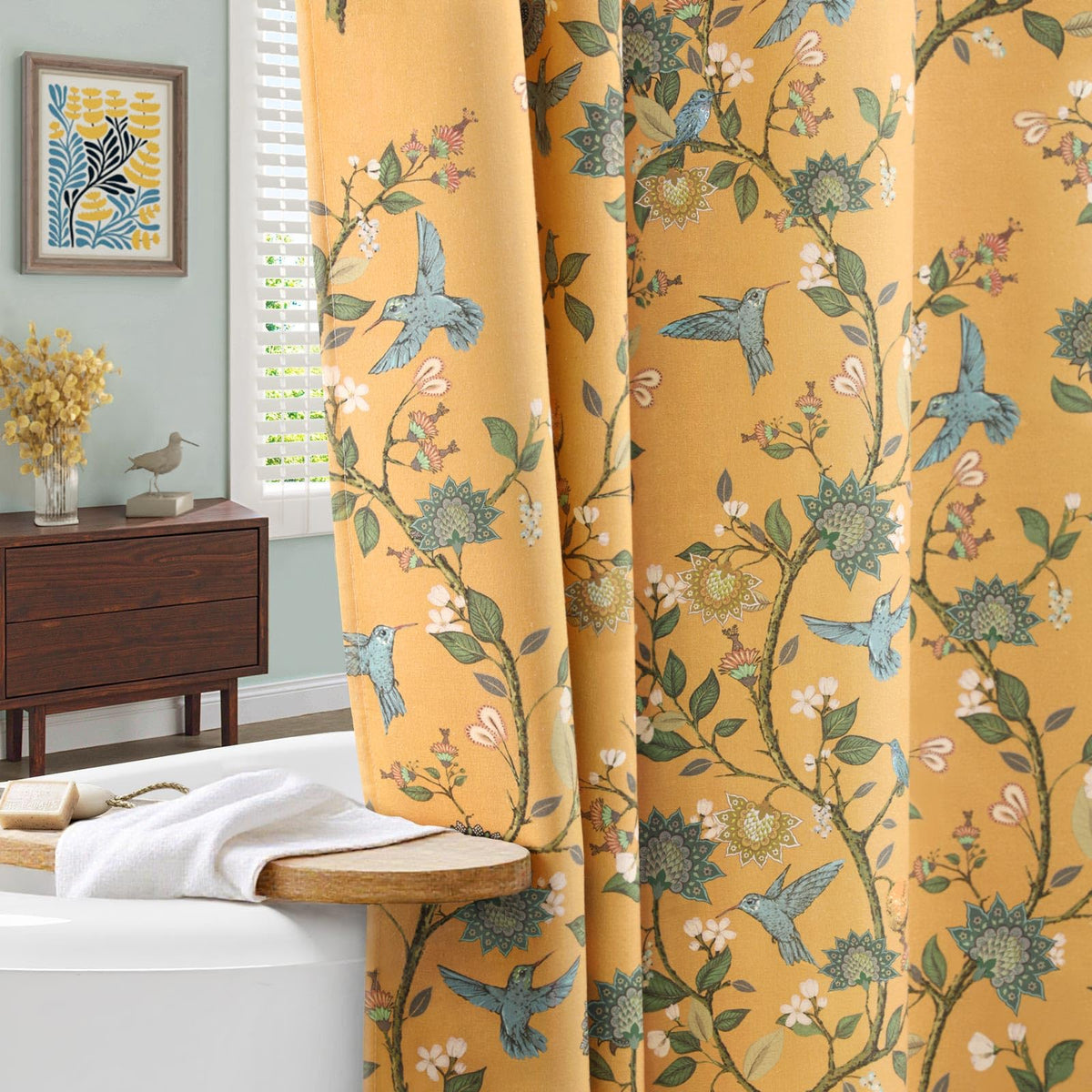 Mustard Yellow Cotton Floral Shower Curtain,Vintage Anthropologie Shower Curtains for Bathroom,72Wx72H