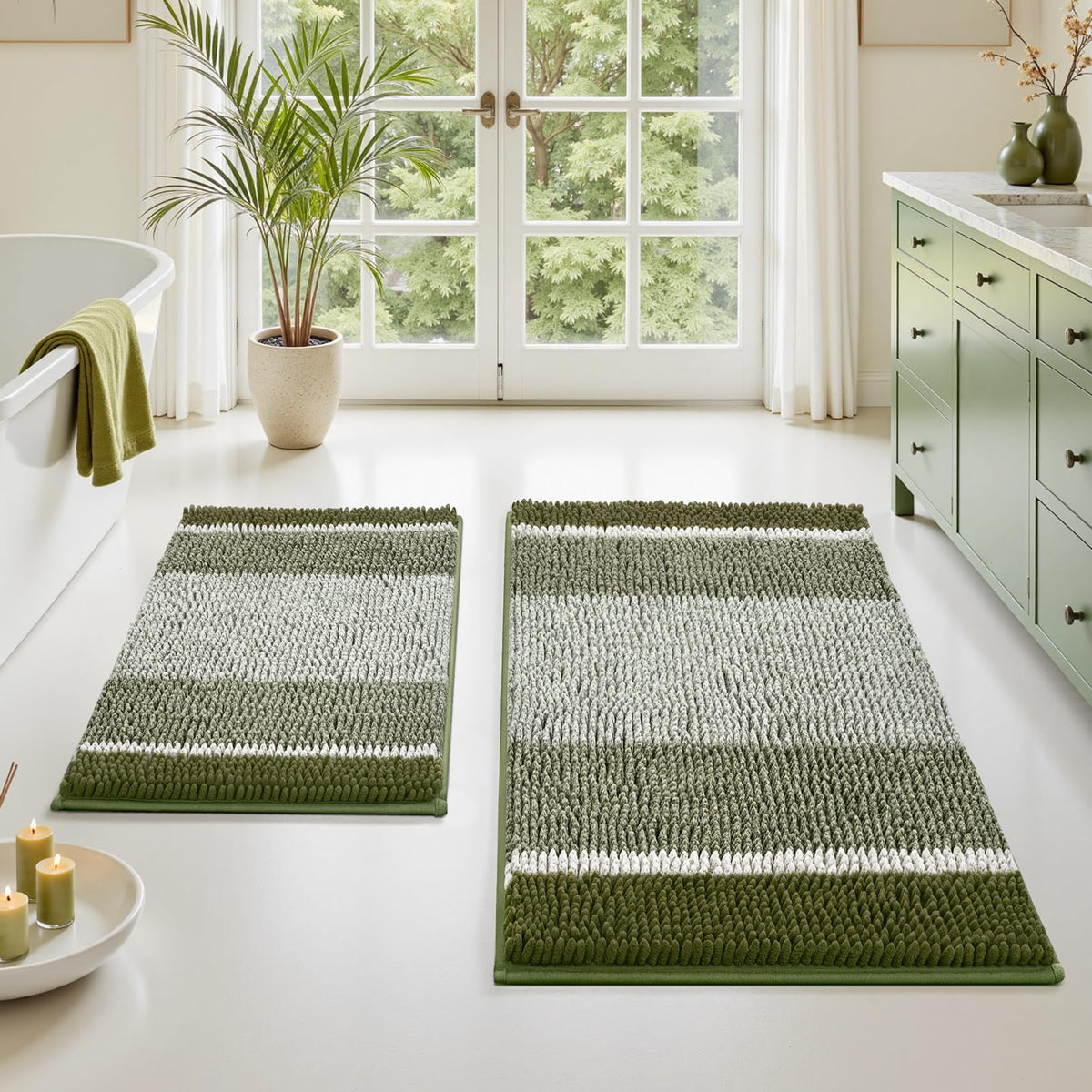 HOMEIDEAS Blue Bathroom Rugs Set, Striped Chenille, 20"x32"+17"x24"