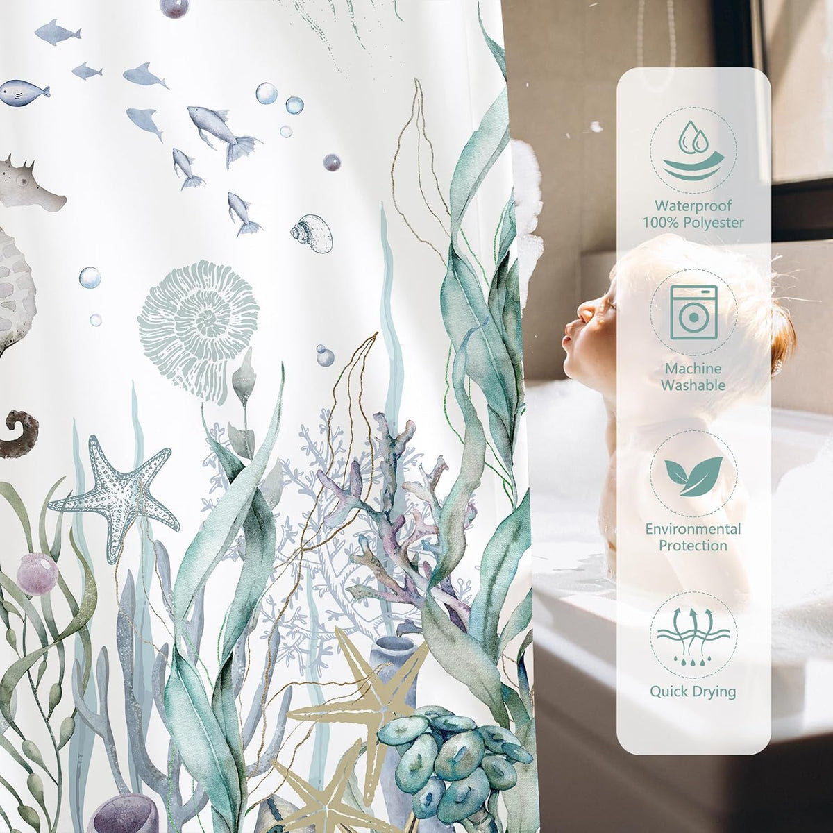 MEHOFOND Nautical Shower Curtain Coral Seashell Beach Shower Curtains for Bathroom Decor Under The Sea Themed Bathroom Shower Washable Durable Fabric Shower Curtains 72x72 in