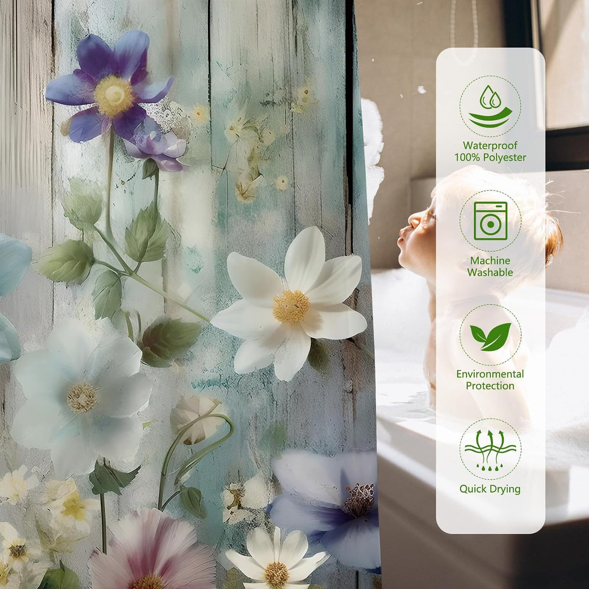 MEHOFOND Rustic Farmhouse Shower Curtain, Colorful Flowers Shower Curtains,Farm Teal Floral on Country Wooden Shower Curtain,Country Blue Wild Garden Plant Fabric Curtains for Bathroom 72x 72 inch