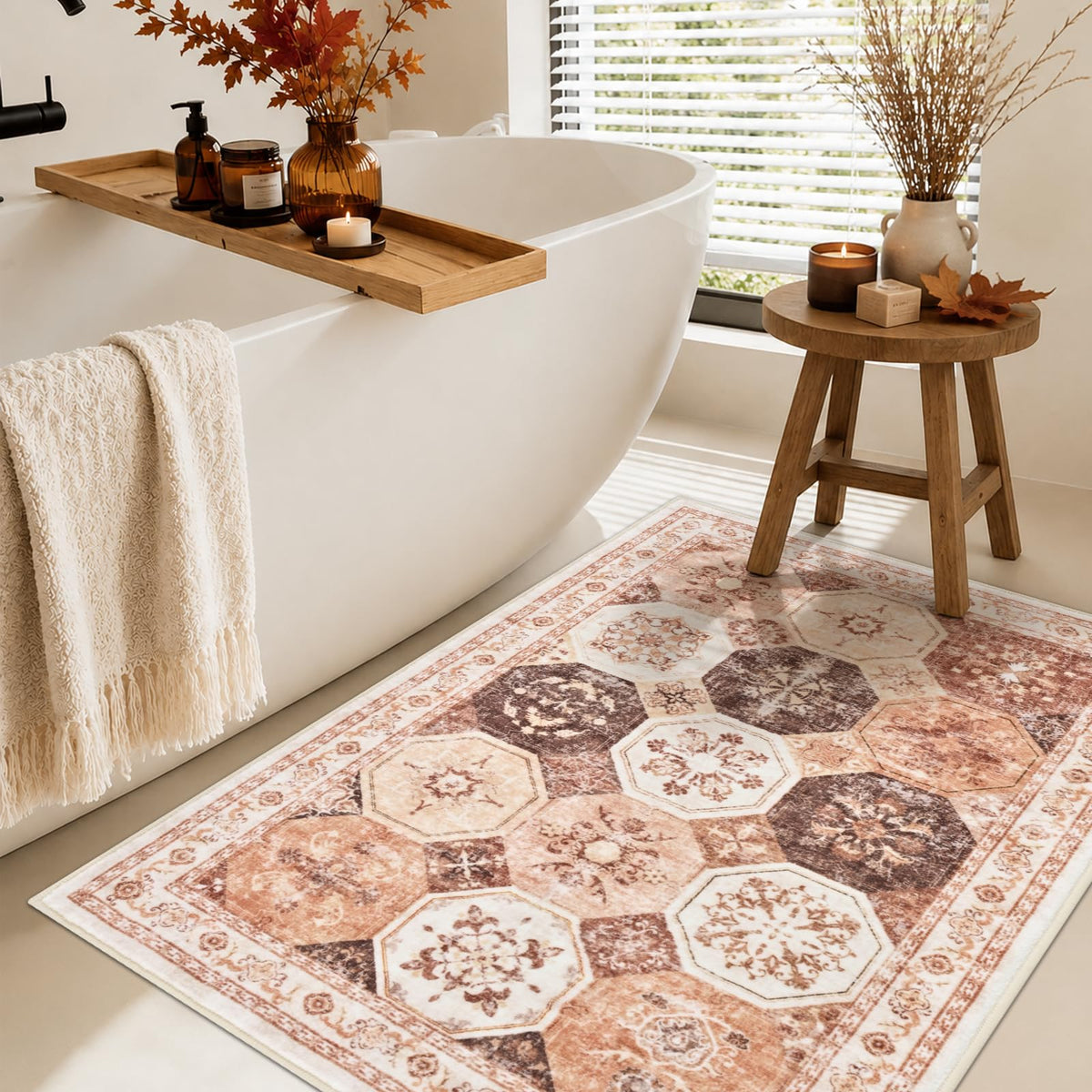 Yinhua Boho Bathroom Runner Rug Non Silp, Vintage Long Bath Mat Washable