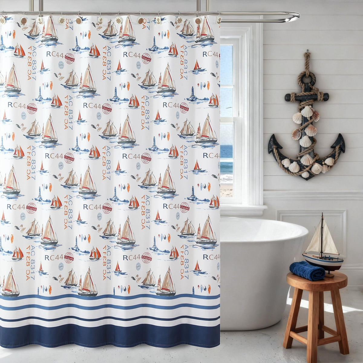 Coastal Seashell Fabric Shower Curtain, Under The Sea Beach Ocean Theme Shower Curtain with Starfish & Coral, Waterproof Blue Nautical Decorative Bathroom Curtains, 72" W x 72" H