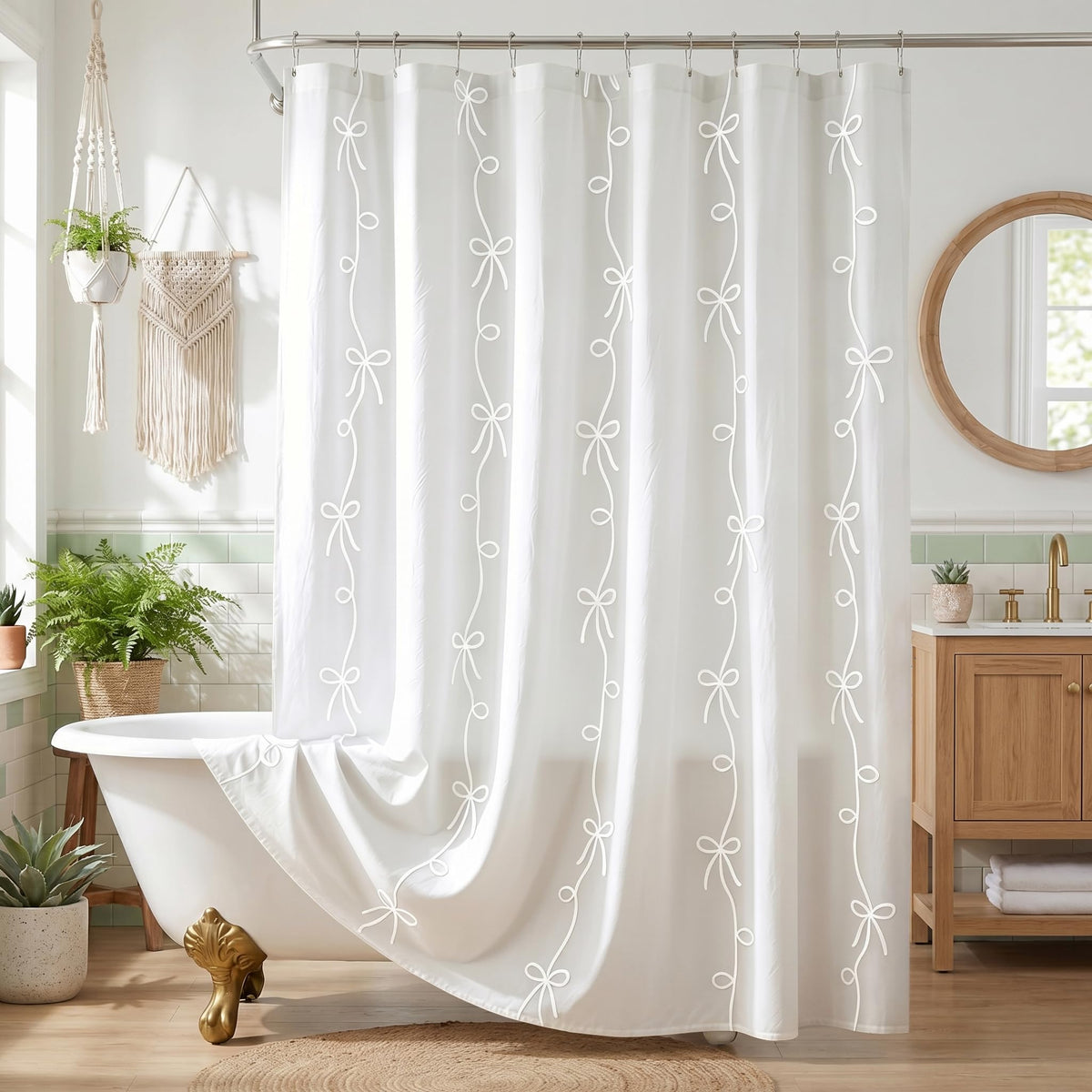 Seasonwood Pink Bow Shower Curtain with Cording Bow Embroidery 72x72 Inches