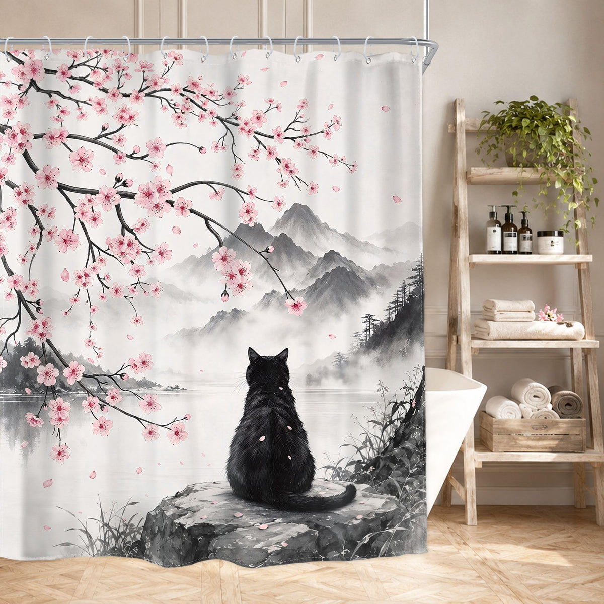 Pink Cherry Blossom Plum Asian Shower Curtain Japanese 60Wx72H Inch Decor