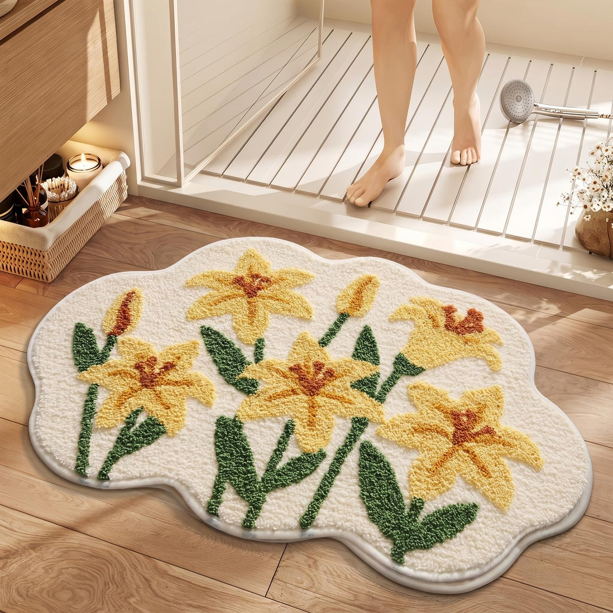 Cloud-Shaped Lily Bath Mat, Soft Non-Slip Fluffy Fresh Flowers Bathroom Rug, Ultra Absorbent Microfiber Shaggy Door Mat, Machine Washable Bath Rug Carpet for Bathtub Bedroom 20x31 Inch (White)