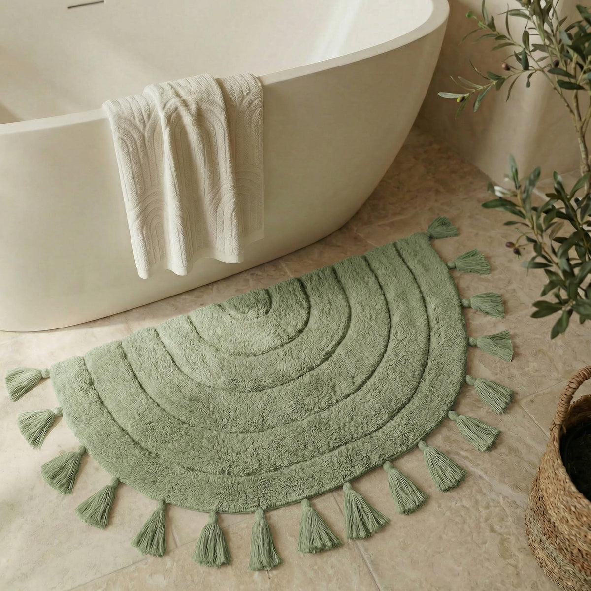 Beautiful Boho Rug with Tassels - Soft Half Circle Cotton Bathroom Mat