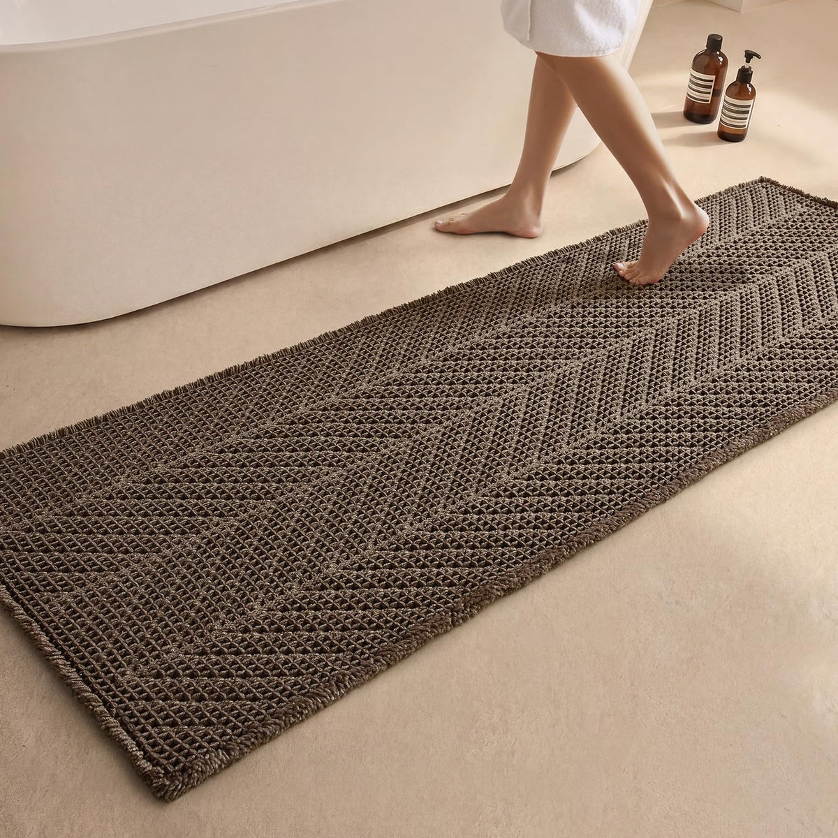 Sunfly Boho Bathroom Rug, Herringbone Waffle Bath Mat Non-Slip Washable Super Absorbent Quick Dry, Farmhouse Bath Mat for Bathroom Floor Decor 20"*30" Khaki