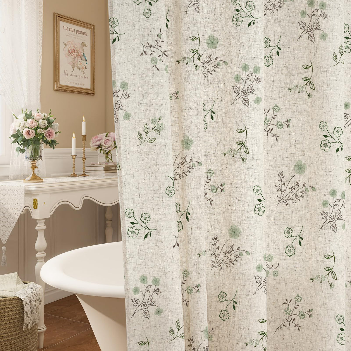 Farmhouse Linen Shower Curtain, Boho Garden Floral Curtain, 72 x 72