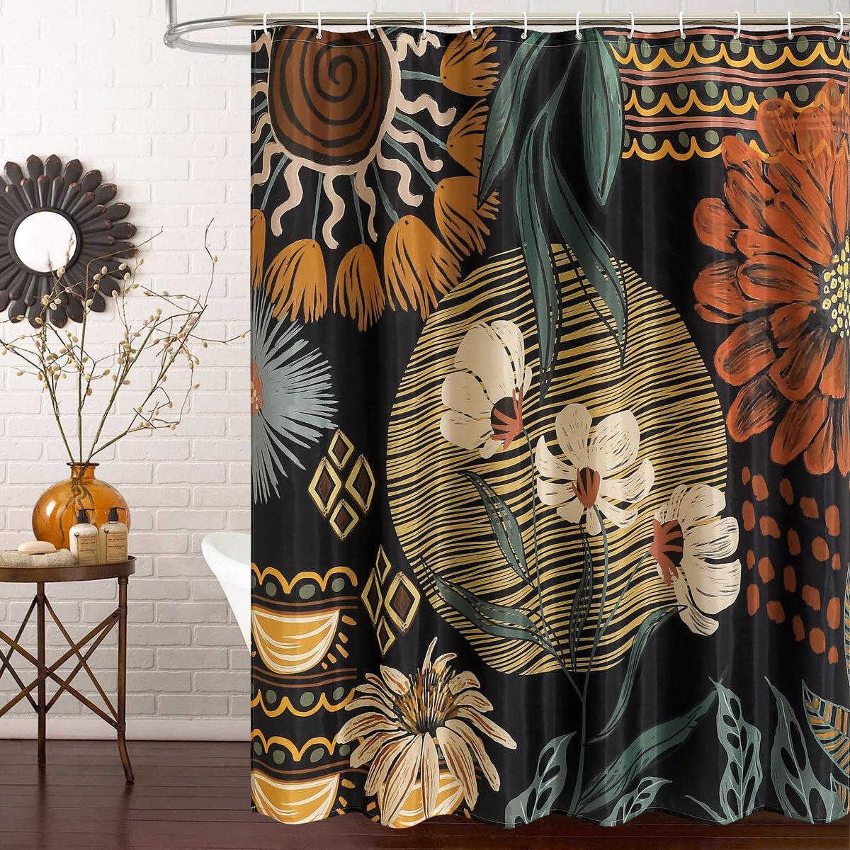 Boho Floral Shower Curtain, Vintage Botanical Fabric Curtain, 72 x 72