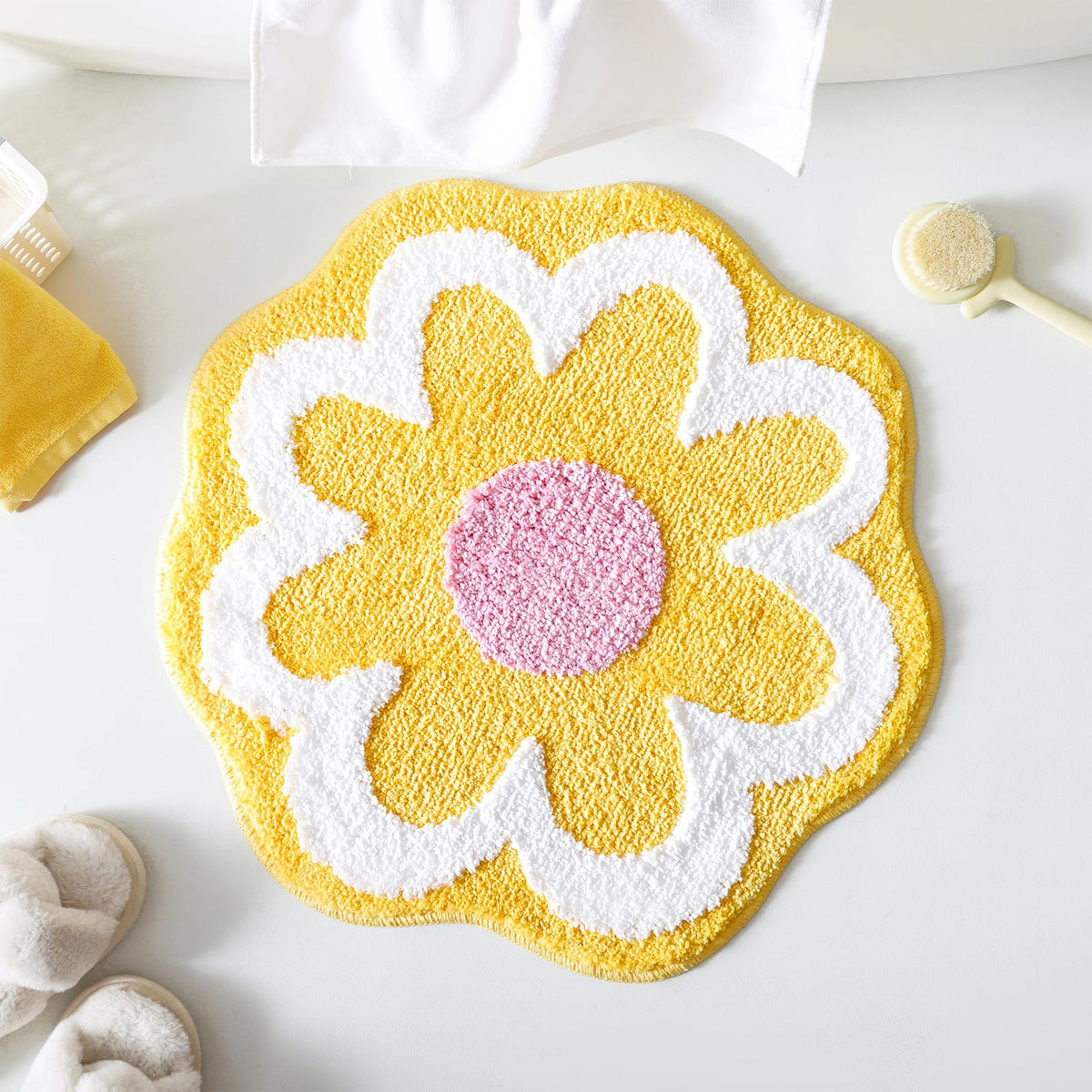 TRUEDAYS Flower Bathroom Rug, Round Non-Slip Bath Mat, 23.6"x23.6", Pink
