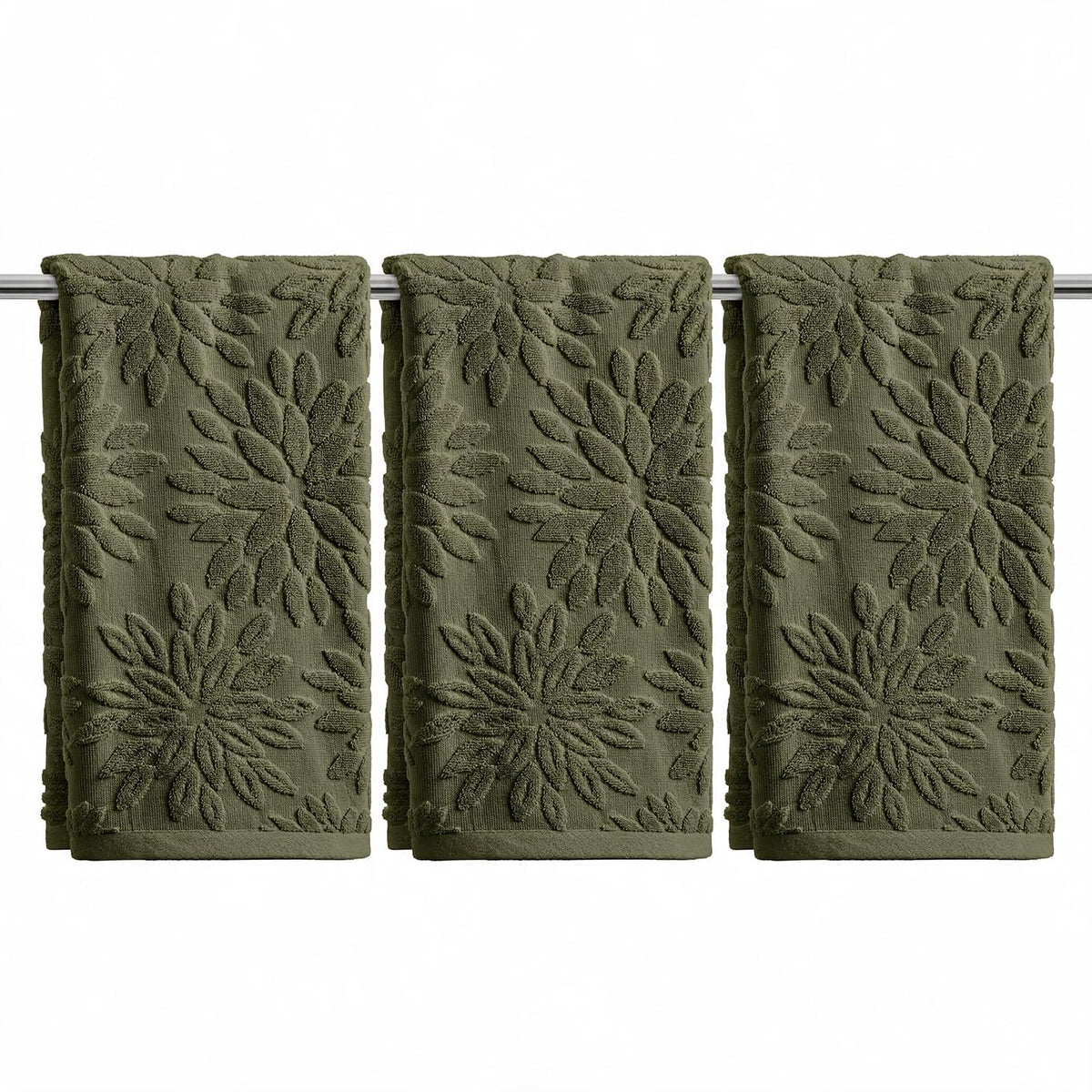 Artoid Mode 2 Pcs Olive Green 3D Dahlia Floral Jacquard Hand Towels for Bathroom, Cotton Soft Absorbent Bathroom Decor Towels, 13.7 x 29.5 Inch