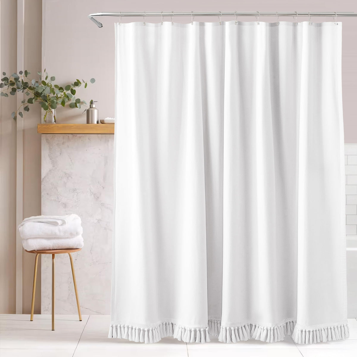 Linen Shower Curtain Boho Beige Shower Curtain with Tassels 72"W x 84"L