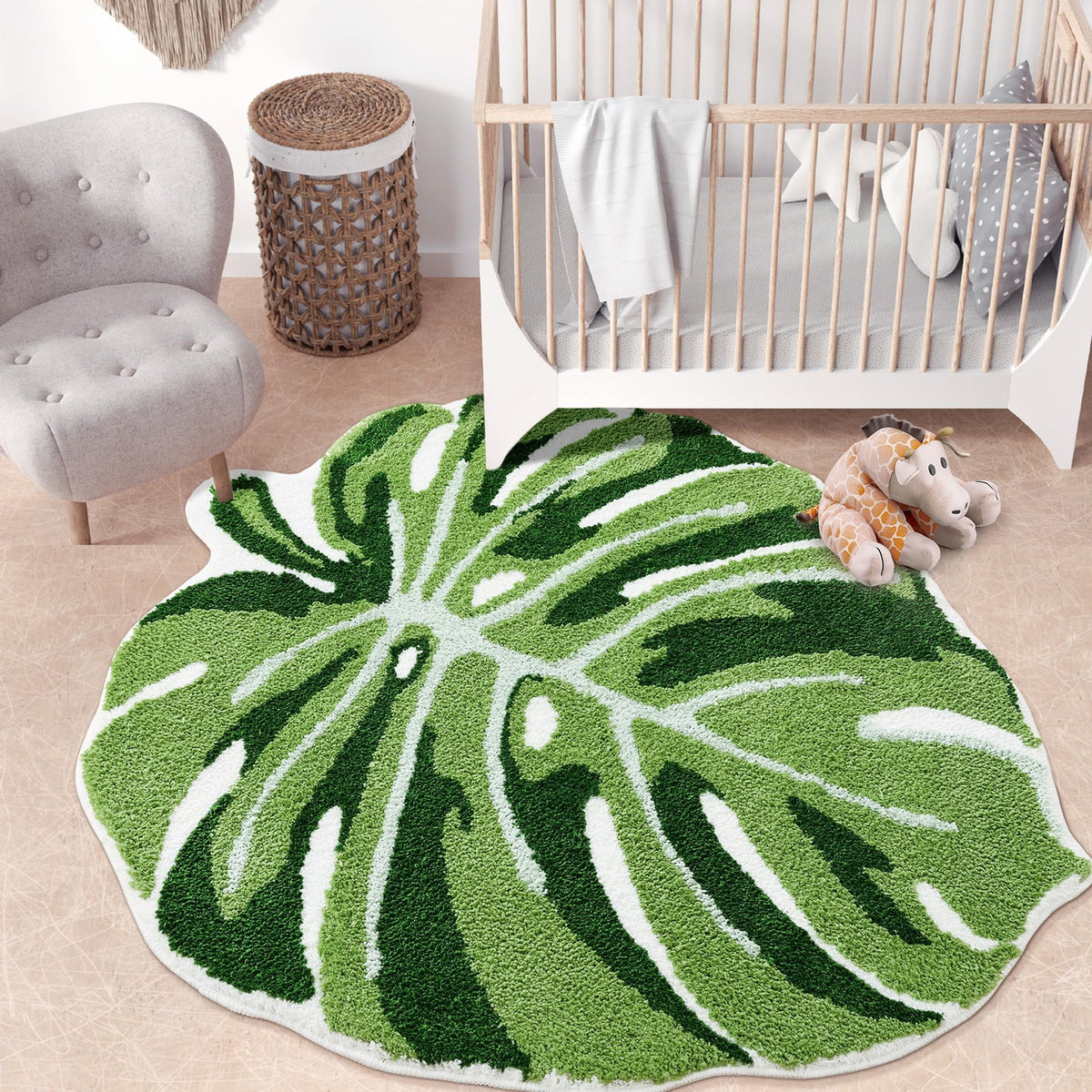 Panstar Large Monstera Leaf Bath Mat, Non Slip Green Plant Bathroom Rug, Absorbent Cute Palm Shaped Bathtub Rug Bathroom Plush Shower Rugs (32"X26")
