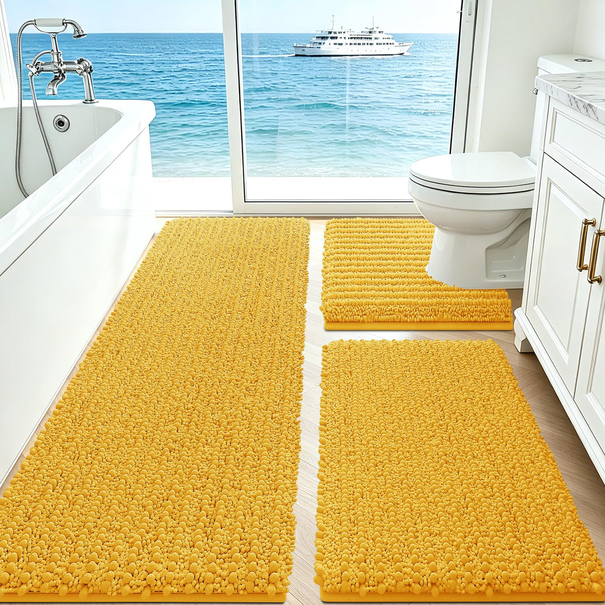 ACCUMTEK Upgrade Extra Large Black Bathroom Rug Set 3 Pieces Ultra Soft, Thick Absorbent Bath Mats, Non Slip Chenille Toilet Mat for Bathroom, Bedroom, Kitchen