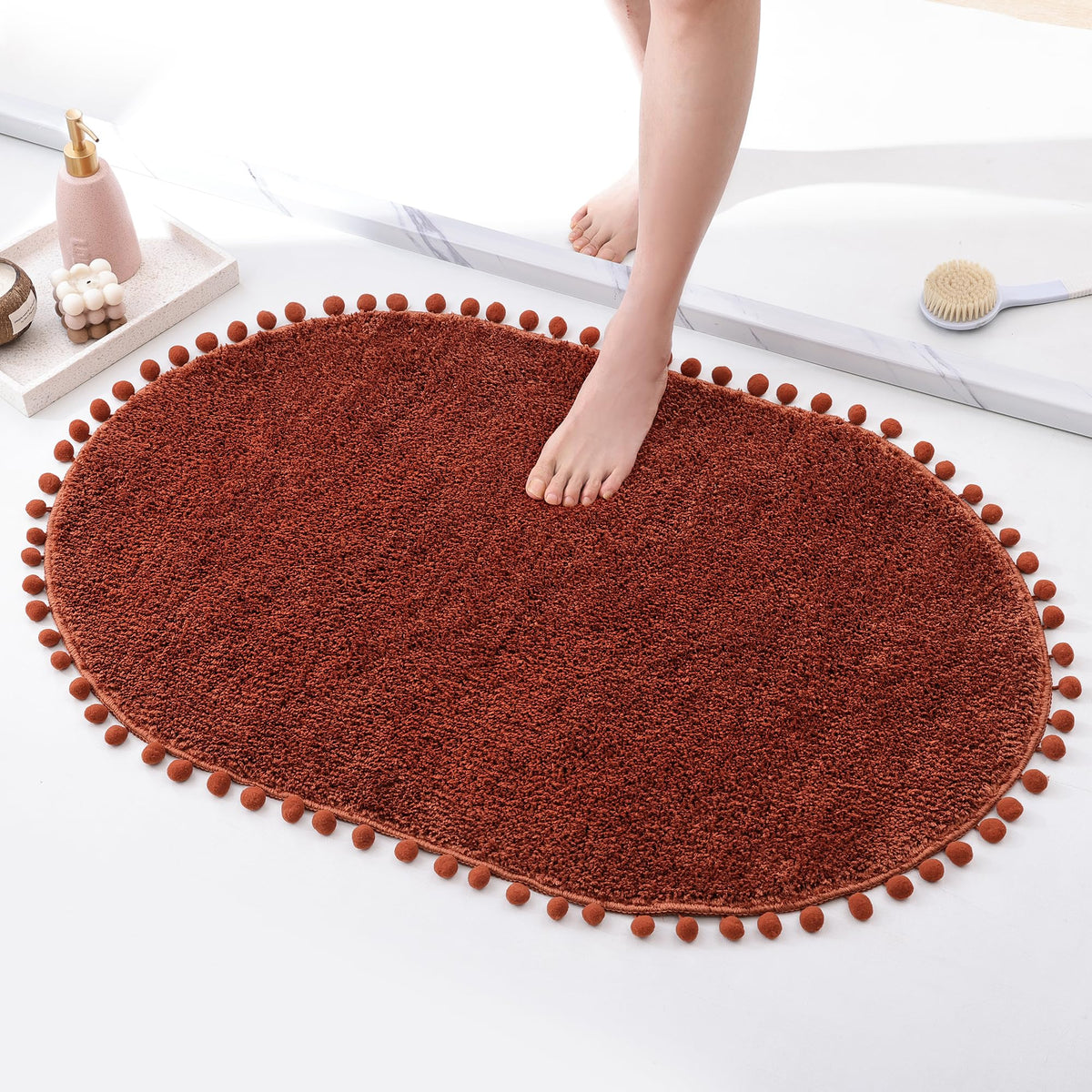 YIRDDEO Oval Rug for Bathroom, Cute Boho Bath Mat with Pom, Olive Green