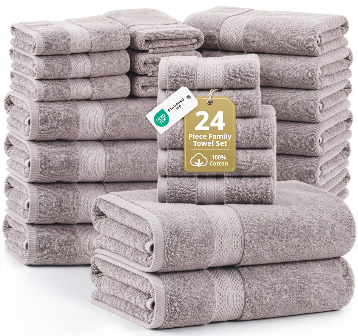 LANE LINEN 100% Cotton Bath Towels Set - 24 PCs - Durable, Quick Dry, Super Soft & Highly Absorbent - 4 Bath, 4 Fingertip, 6 Hand Towels, 8 Washcloths, 2 Bath Sheets - Perfect Family Set - Cool Grey