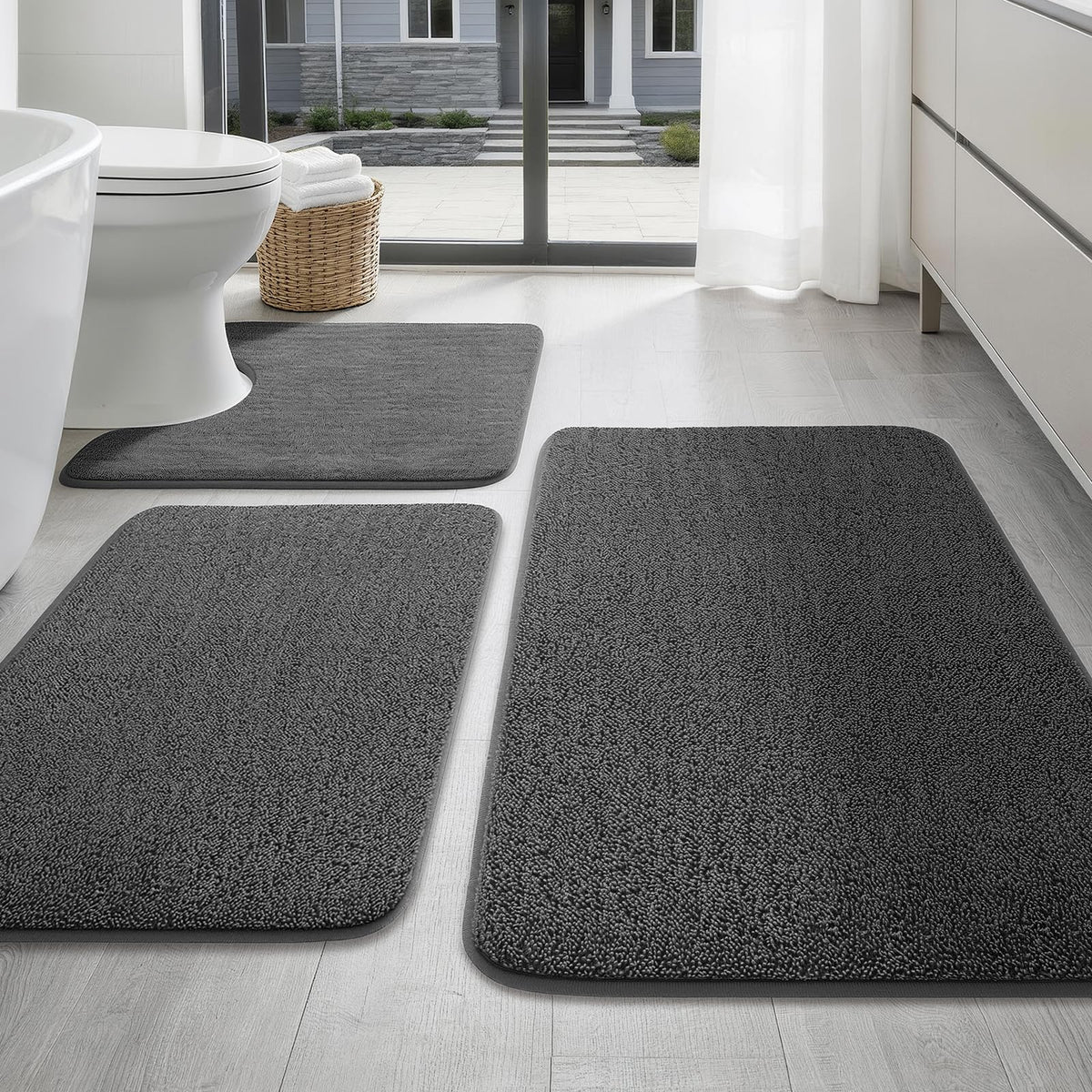 YIHOUSE 2-Piece Towel-Like Memory Foam Bathroom Rug Set, Dark Grey