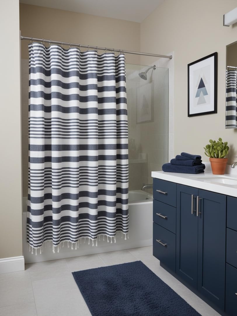 Serafina Home Nautical Striped Blue and White Fabric Shower Curtain: