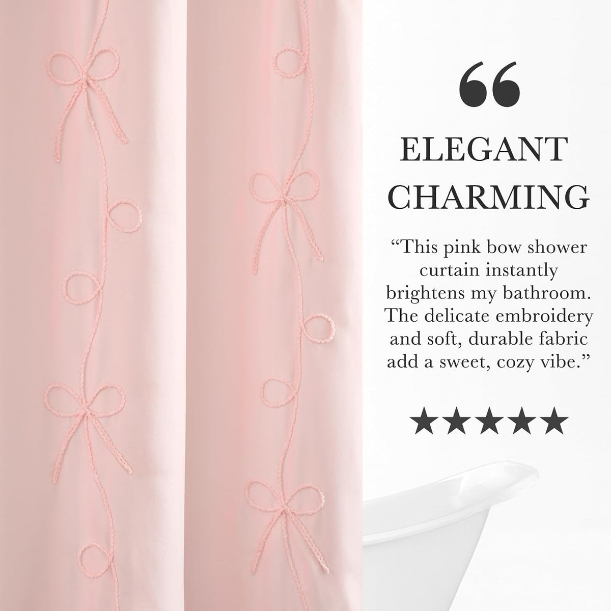 Seasonwood Pink Bow Shower Curtain with Cording Bow Embroidery 72x72 Inches