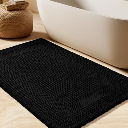 Upgrade Waffle Bath Mat Set 2 Piece, Boho Bathroom Rugs Absorbent Non Slip, Ultra Soft Bathroom Mat, Machine Washable Knit Bath Rugs with Herringbones for Bathroom, Bedroom, Kitchen, Shower, White