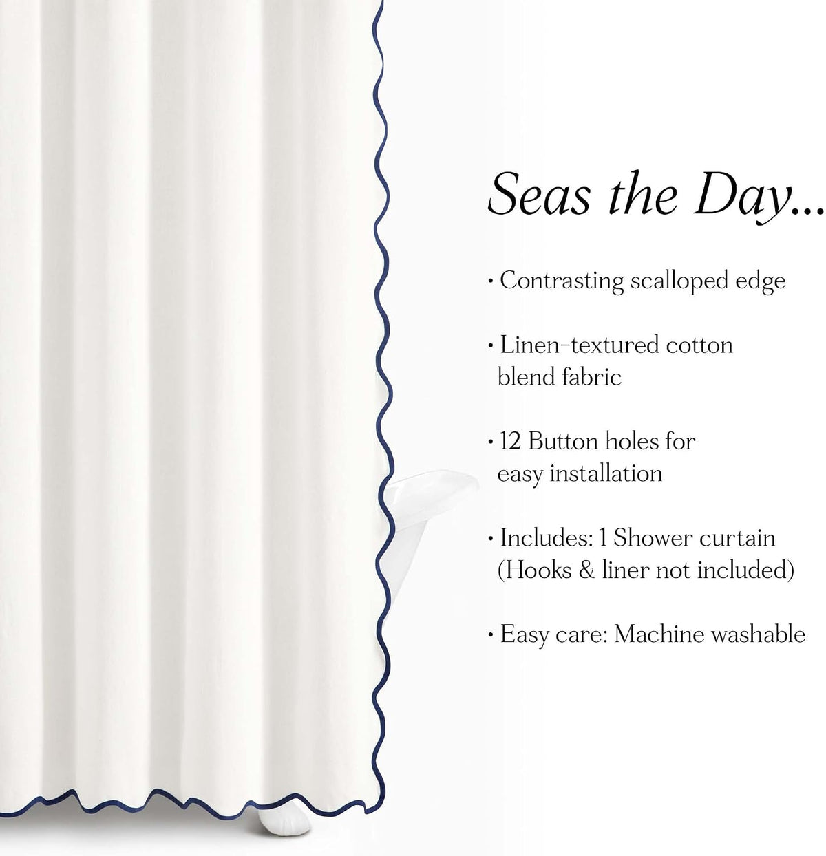 Lush Decor Coastal Chic Scallop Edge Linen-Textured Shower Curtain, Single 72" W x 72" L, Navy & White - Scalloped Shower Curtains - Coastal Bathroom Curtain