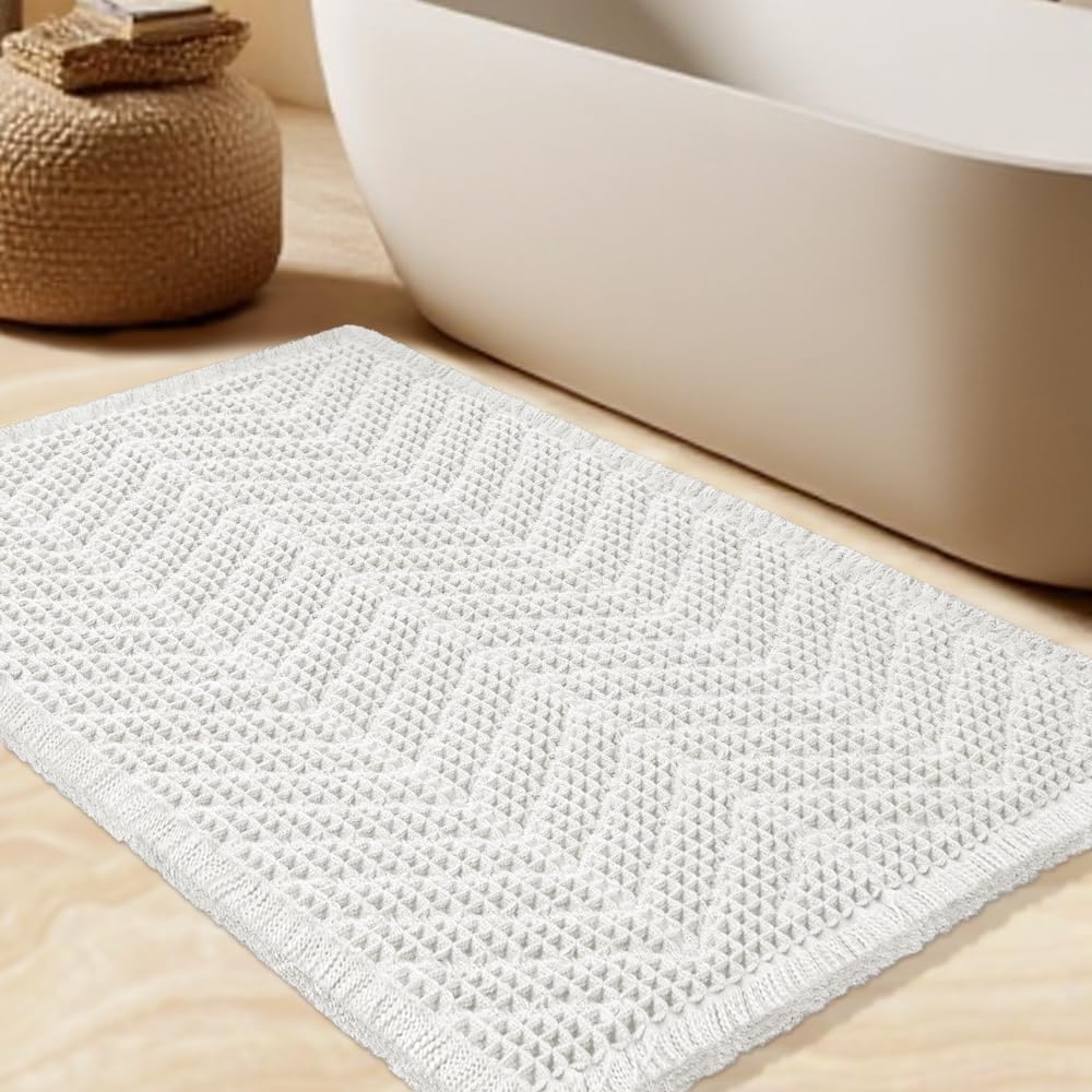 Upgrade Waffle Bath Mat Set 2 Piece, Boho Bathroom Rugs Absorbent Non Slip, Ultra Soft Bathroom Mat, Machine Washable Knit Bath Rugs with Herringbones for Bathroom, Bedroom, Kitchen, Shower, White
