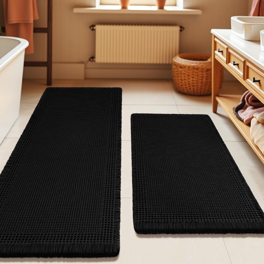 Upgrade Waffle Bath Mat Set 2 Piece, Boho Bathroom Rugs Absorbent Non Slip, Ultra Soft Bathroom Mat, Machine Washable Knit Bath Rugs with Herringbones for Bathroom, Bedroom, Kitchen, Shower, White