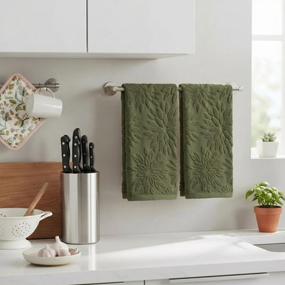 Artoid Mode 2 Pcs Olive Green 3D Dahlia Floral Jacquard Hand Towels for Bathroom, Cotton Soft Absorbent Bathroom Decor Towels, 13.7 x 29.5 Inch