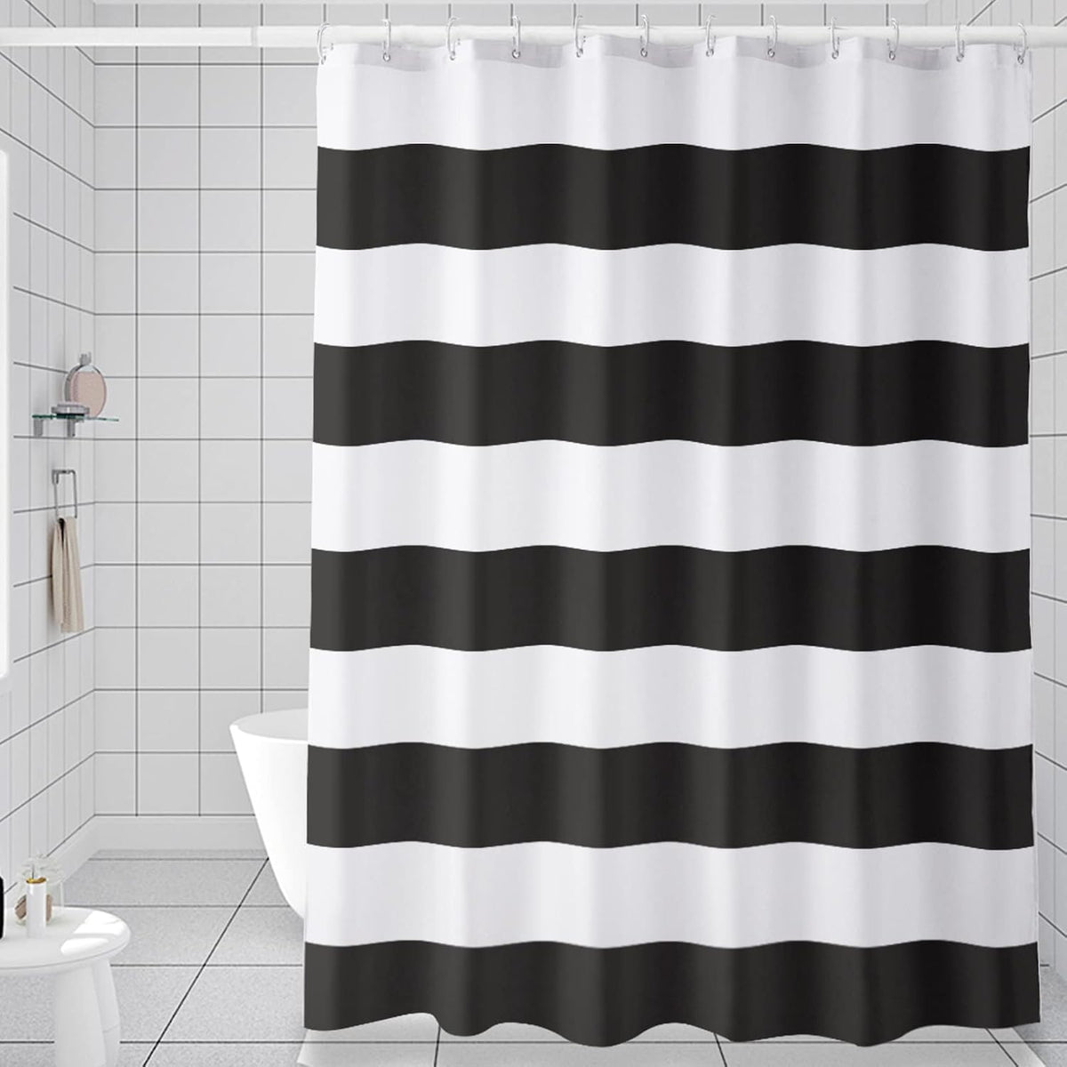 AmazerBath Black and White Shower Curtain Cloth, Striped Shower Curtain Fabric with 2 Heavy Stones, 72" W x 72" H