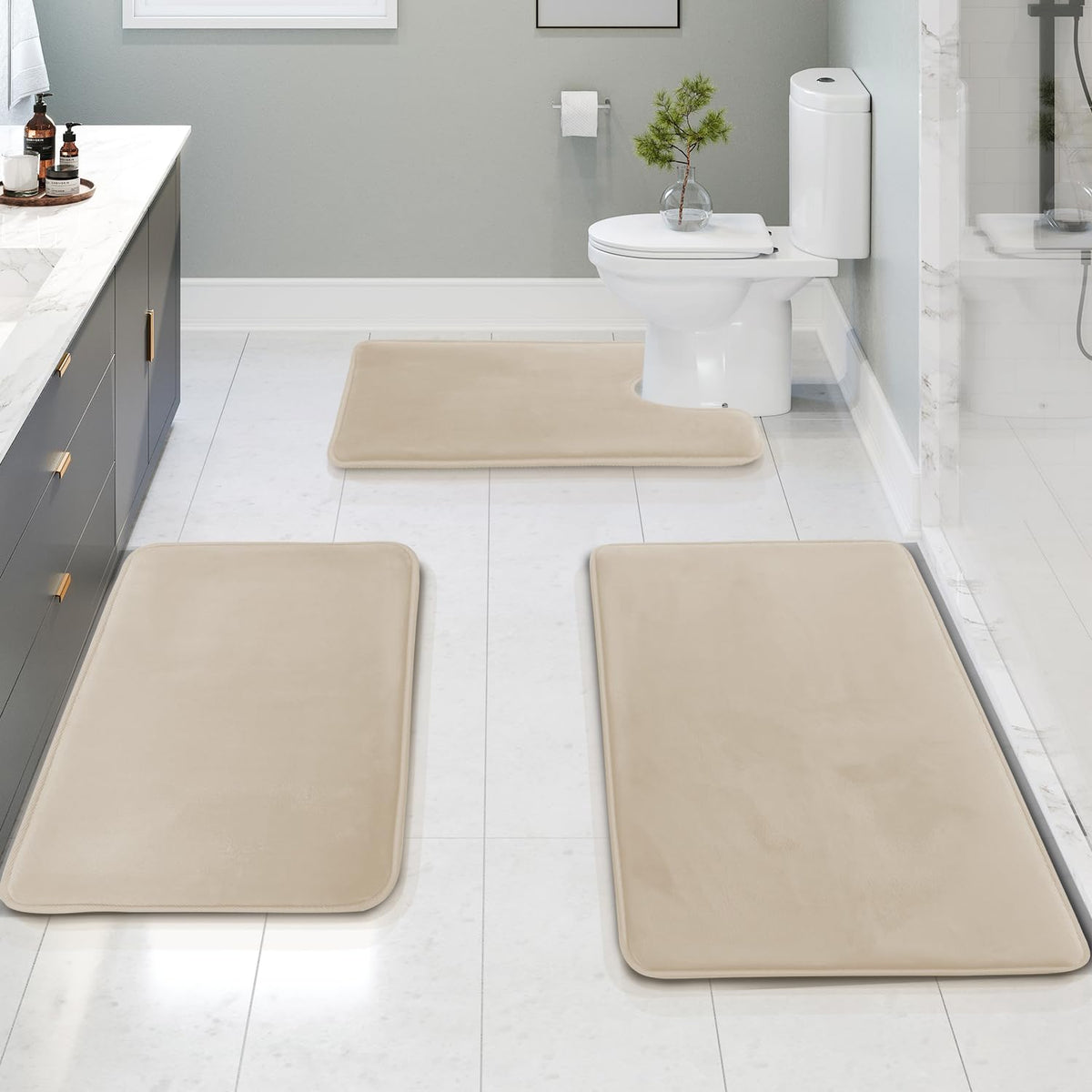Clara Clark 3 Piece Bathroom Rugs Bath Mat Set, Velvet Memory Foam Bath Mats for Bathroom - Non-Slip, PVC Backing Bath Rugs, Washable - Dries Quickly, Green