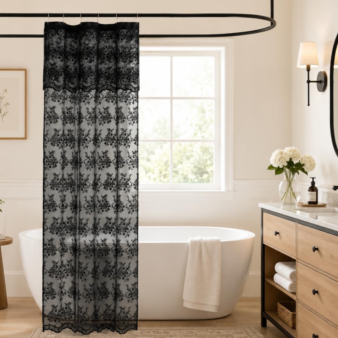 TUDECO Black Lace Shower Curtain with Valance, Gothic Style, 72 x 72 Inch