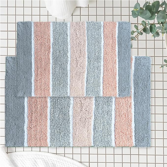 Chardin home Cordural Stripes Bath Mat, Set of 2 Bath Rugs (17 Inches x24 Inches & 21 Inches x34 Inches) | Non Slip Bathroom Rug, Machine Washable, Plush, Highly Absorbent | Bluish Gray- Beige