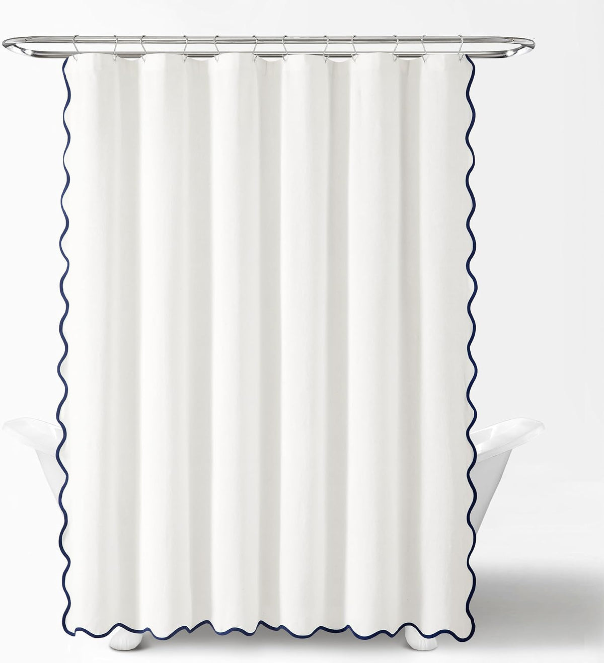 Lush Decor Coastal Chic Scallop Edge Linen-Textured Shower Curtain, Single 72" W x 72" L, Navy & White - Scalloped Shower Curtains - Coastal Bathroom Curtain