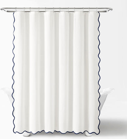 Lush Decor Coastal Chic Scallop Edge Linen-Textured Shower Curtain, Single 72" W x 72" L, Navy & White - Scalloped Shower Curtains - Coastal Bathroom Curtain